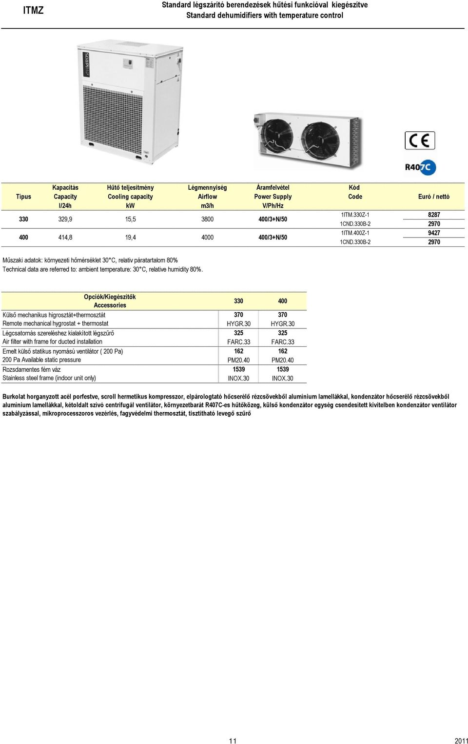330B-2 2970 Műszaki adatok: környezeti hőmérséklet 30 C, relativ páratartalom 80% Külső mechanikus higrosztát+thermosztát Remote mechanical hygrostat + thermostat Air filter with frame for ducted
