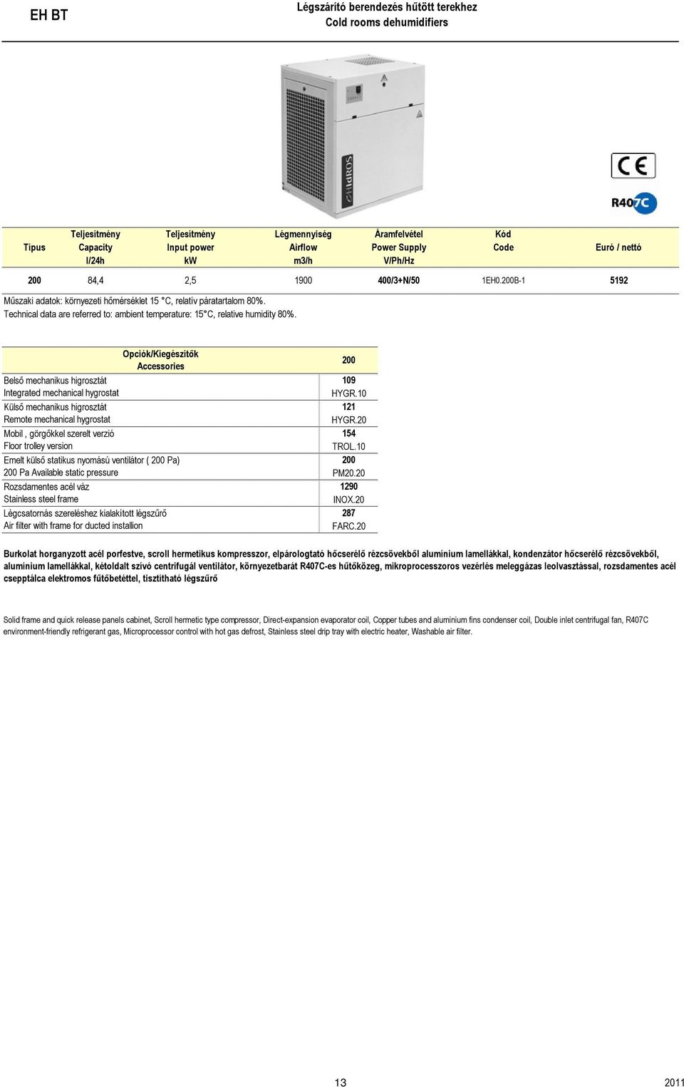 Technical data are referred to: ambient temperature: 15 C, relative humidity 80%.