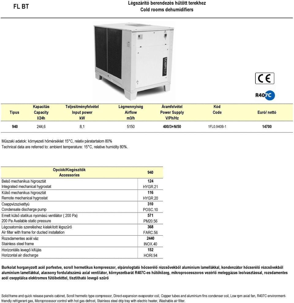 940B-1 14700 Műszaki adatok: környezeti hőmérséklet 15 C, relativ páratartalom 80% Technical data are referred to: ambient temperature: 15 C, relative humidity 80%.