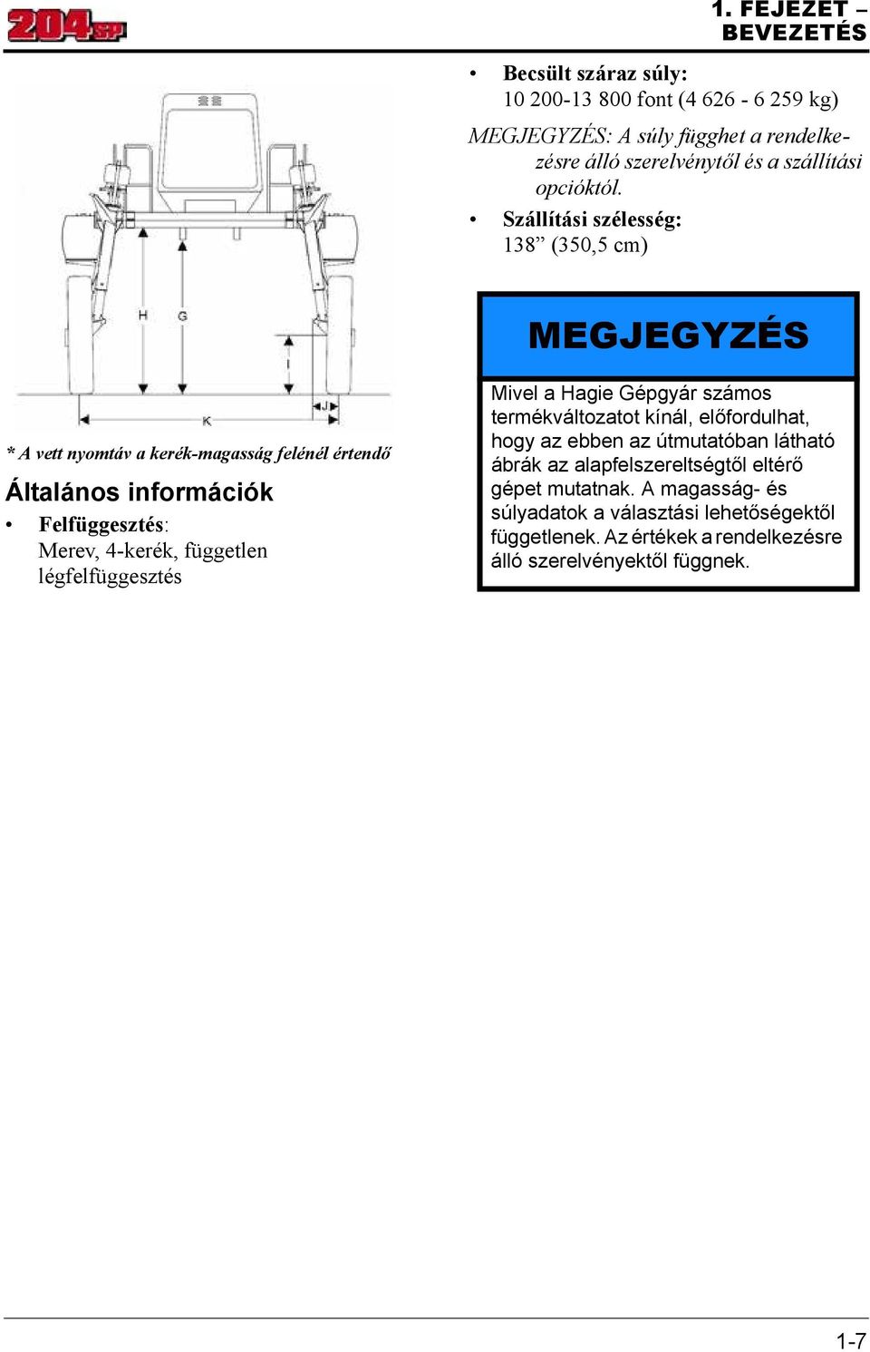 Szállítási szélesség: 138 (350,5 cm) MEGJEGYZÉS * A vett nyomtáv a kerék-magasság felénél értendő Általános információk Felfüggesztés: Merev, 4-kerék,