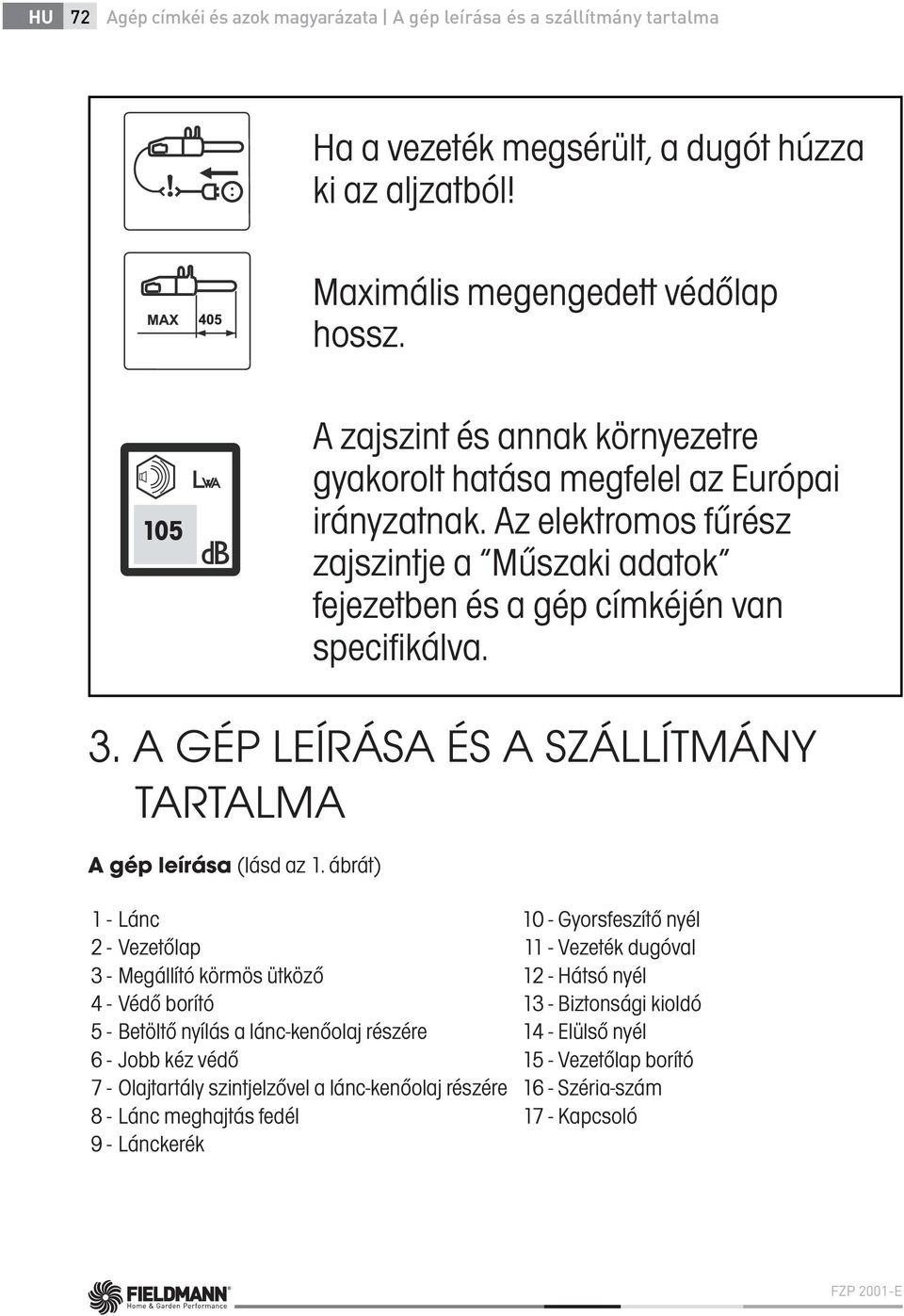 A GÉP LEÍRÁSA ÉS A SZÁLLÍTMÁNY TARTALMA A gép leírása (lásd az 1.