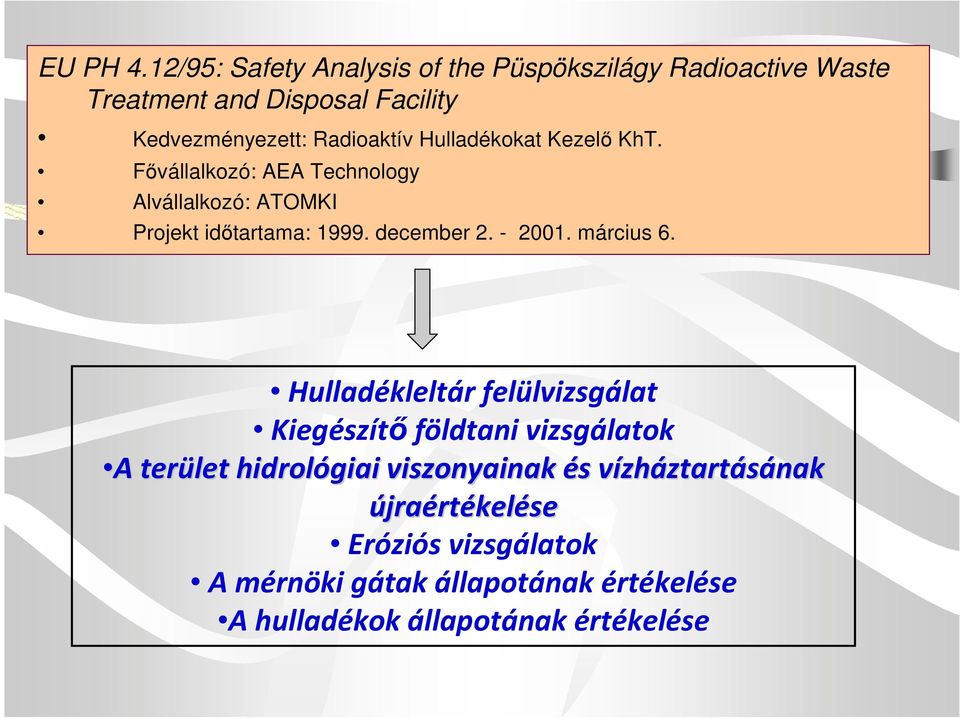Hulladékokat Kezelı KhT. Fıvállalkozó: AEA Technology Alvállalkozó: ATOMKI Projekt idıtartama: 1999. december 2. - 2001.