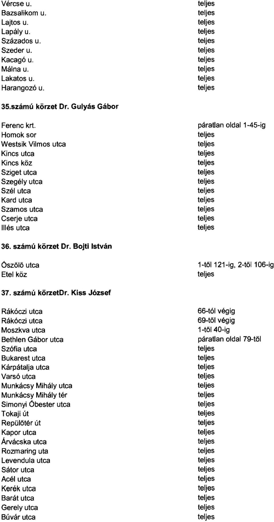 Bojti István Ószölö utca Etei köz 1-töI121-ig.2-töI106-ig 37. számú körzetdr.