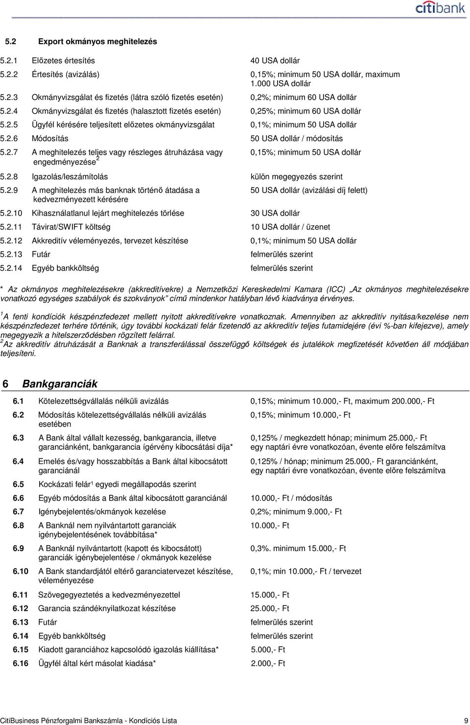 2.7 A meghitelezés teljes vagy részleges átruházása vagy 0,15%; minimum 50 USA dollár engedményezése 2 5.2.8 Igazolás/leszámítolás külön megegyezés szerint 5.2.9 A meghitelezés más banknak történı átadása a 50 USA dollár (avizálási díj felett) kedvezményezett kérésére 5.