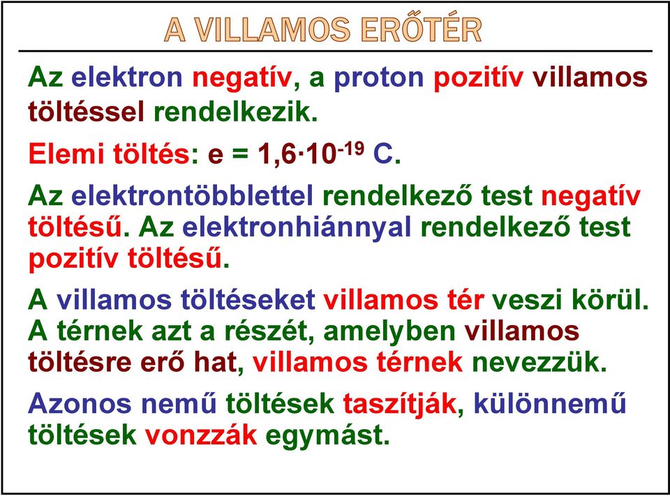 Az elektronhiánnyal rendelkező test pozitív töltésű. A villamos töltéseket villamos tér veszi körül.