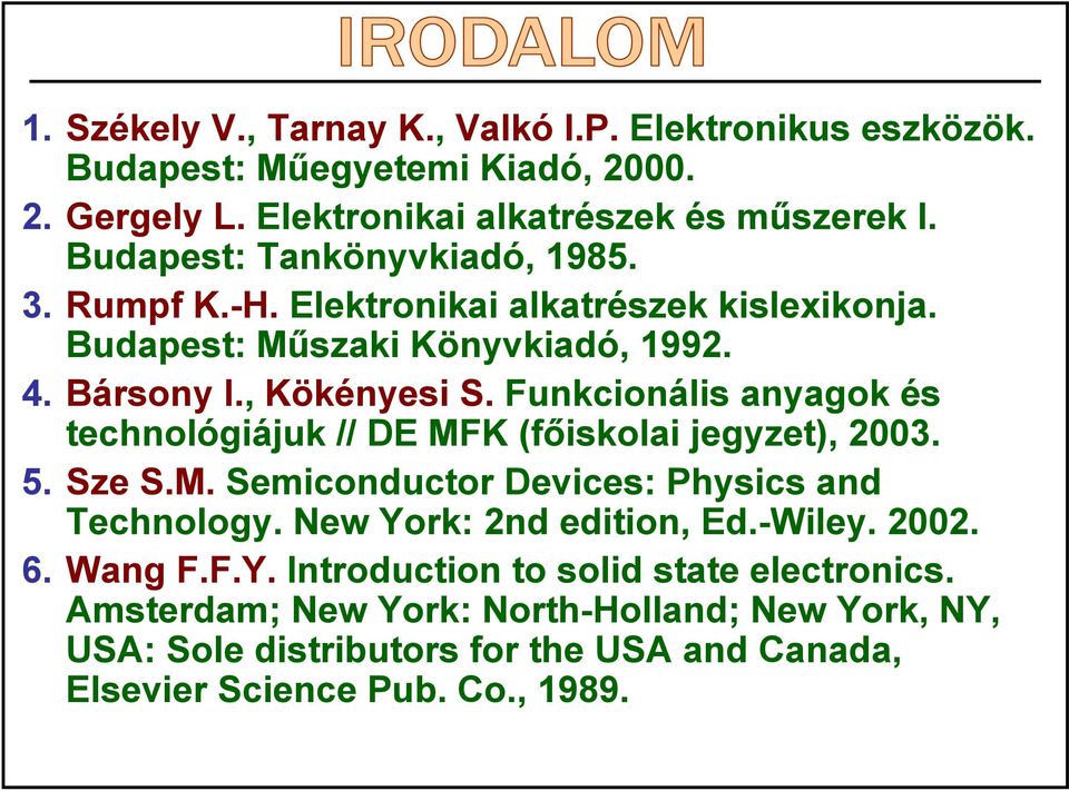 Funkcionális anyagok és technológiájuk // DE MFK (főiskolai jegyzet), 2003. 5. Sze S.M. Semiconductor Devices: Physics and Technology. New York: 2nd edition, Ed.