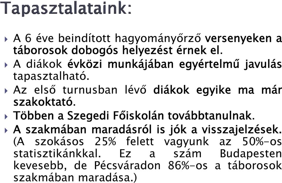 Az első turnusban lévő diákok egyike ma már szakoktató. Többen a Szegedi Főiskolán továbbtanulnak.