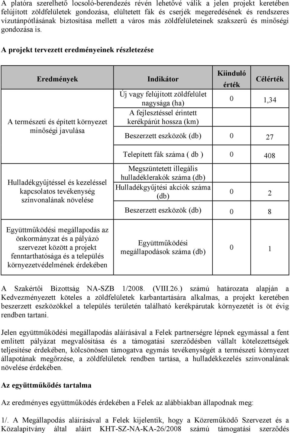 A projekt tervezett eredményeinek részletezése Eredmények A természeti és épített környezet minőségi javulása Indikátor Új vagy felújított zöldfelület nagysága (ha) A fejlesztéssel érintett