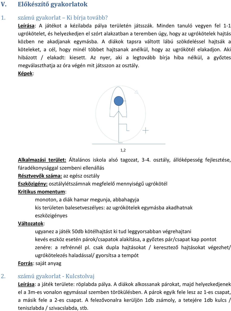 A diákok tapsra váltott lábú szökdeléssel hajtsák a köteleket, a cél, hogy minél többet hajtsanak anélkül, hogy az ugrókötél elakadjon. Aki hibázott / elakadt: kiesett.