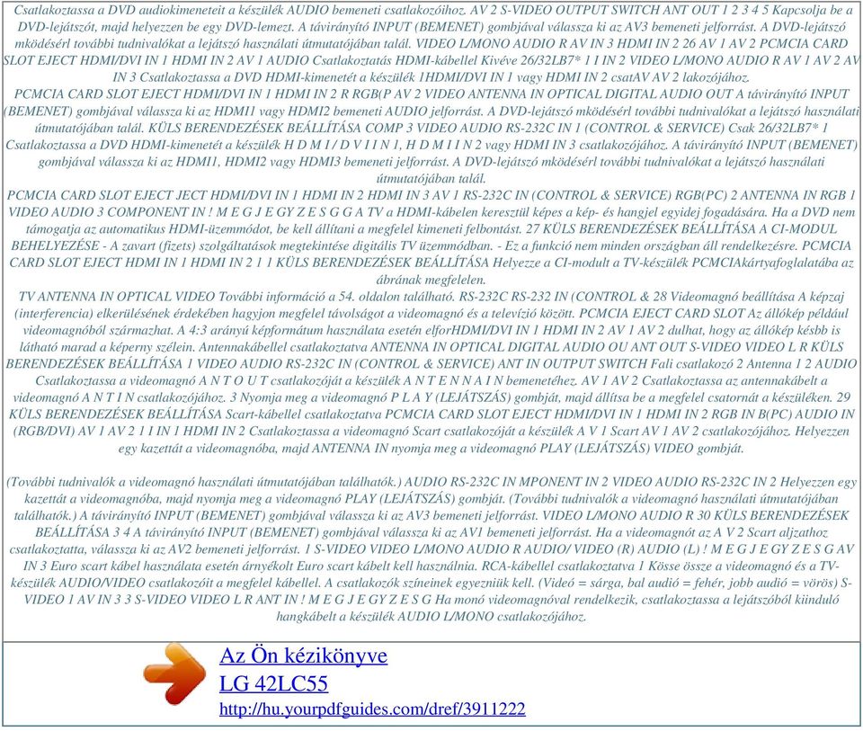 VIDEO L/MONO AUDIO R AV IN 3 HDMI IN 2 26 AV 1 AV 2 PCMCIA CARD SLOT EJECT HDMI/DVI IN 1 HDMI IN 2 AV 1 AUDIO Csatlakoztatás HDMI-kábellel Kivéve 26/32LB7* 1 I IN 2 VIDEO L/MONO AUDIO R AV 1 AV 2 AV