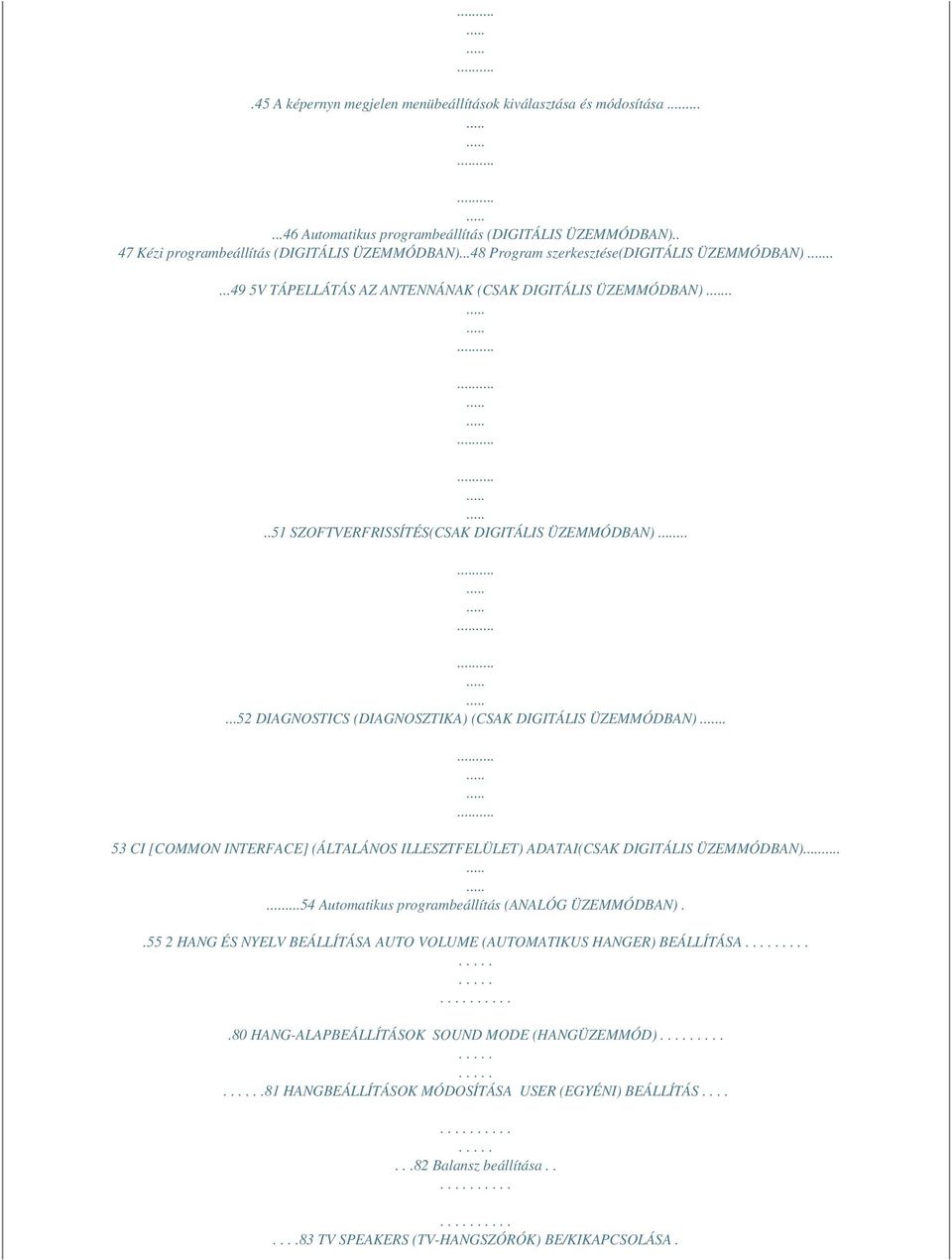 .....52 DIAGNOSTICS (DIAGNOSZTIKA) (CSAK DIGITÁLIS ÜZEMMÓDBAN).. 53 CI [COMMON INTERFACE] (ÁLTALÁNOS ILLESZTFELÜLET) ADATAI(CSAK DIGITÁLIS ÜZEMMÓDBAN).