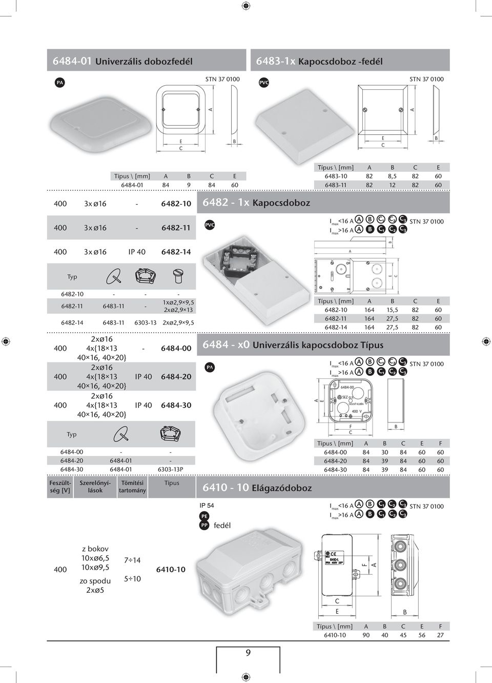 - 6484-00 IP 40 6484-20 IP 40 6484-30 \ A B C E 6482-10 164 15,5 82 60 6482-11 164 27,5 82 60 6482-14 164 27,5 82 60 6484 - x0 Univerzális kapocsdoboz Typ 6484-00 - - 6484-20 6484-01 - 6484-30