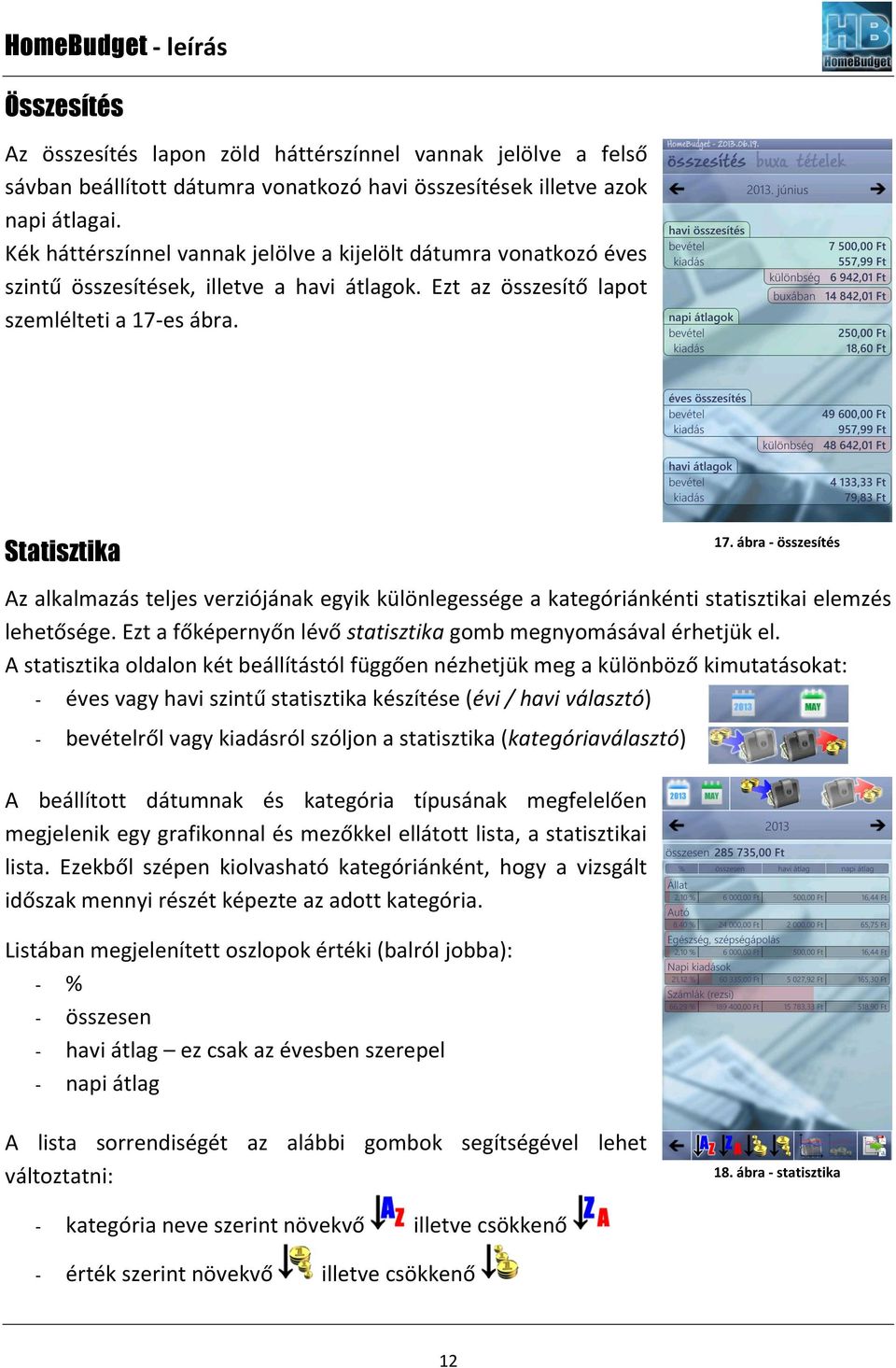 ábra - összesítés Az alkalmazás teljes verziójának egyik különlegessége a kategóriánkénti statisztikai elemzés lehetősége. Ezt a főképernyőn lévő statisztika gomb megnyomásával érhetjük el.