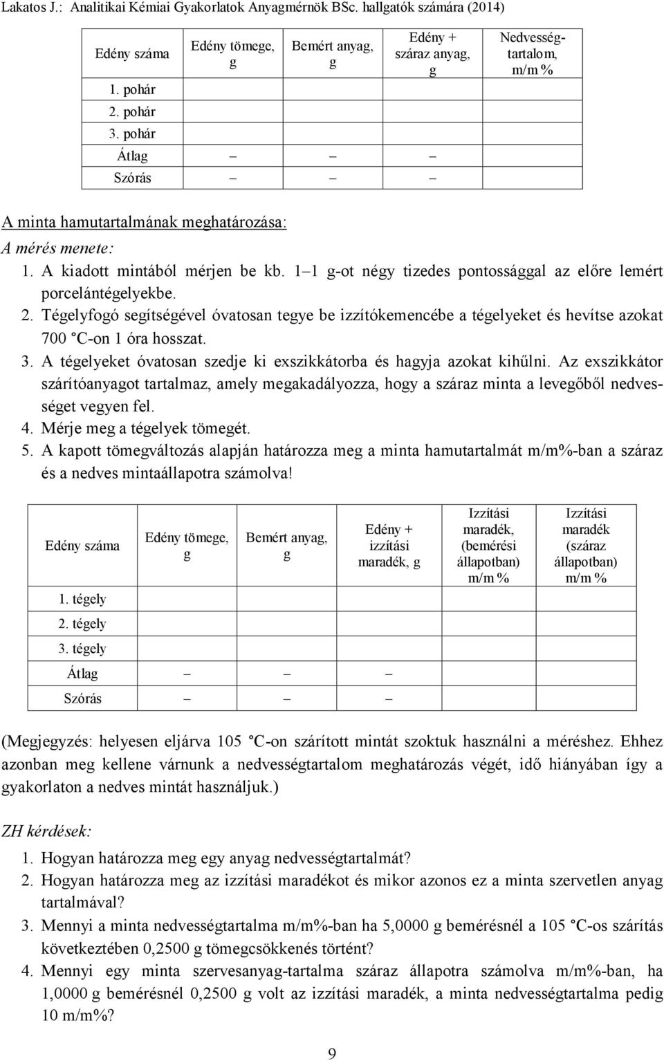 Tégelyfogó segítségével óvatosan tegye be izzítókemencébe a tégelyeket és hevítse azokat 700 C-on 1 óra hosszat. 3. A tégelyeket óvatosan szedje ki exszikkátorba és hagyja azokat kihűlni.