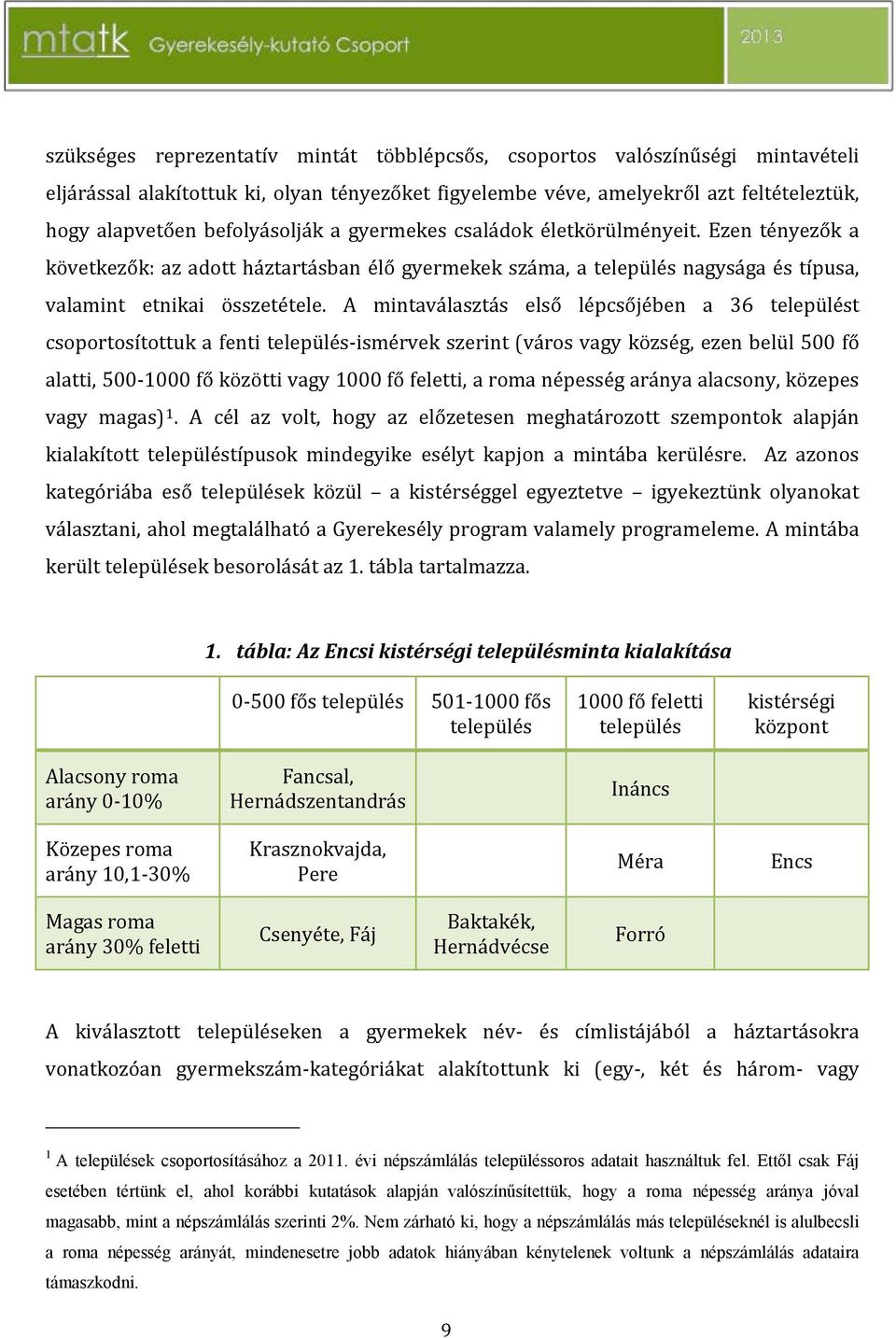 Az azonos kategór a kistérséggel egyeztetve igyekeztünk olyanokat választani, ahol megtalálható a Gyerekesély program valamely programeleme. A mintába került települések besorolását az 1.