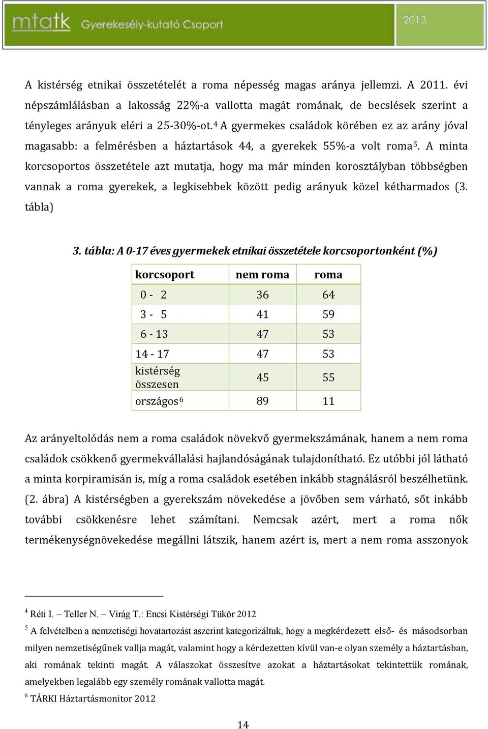 A minta korcsoportos összetétele azt mutatja, hogy ma már minden korosztályban többségben vannak a roma gyerekek, a legkisebbek között pedig arányuk közel 3.