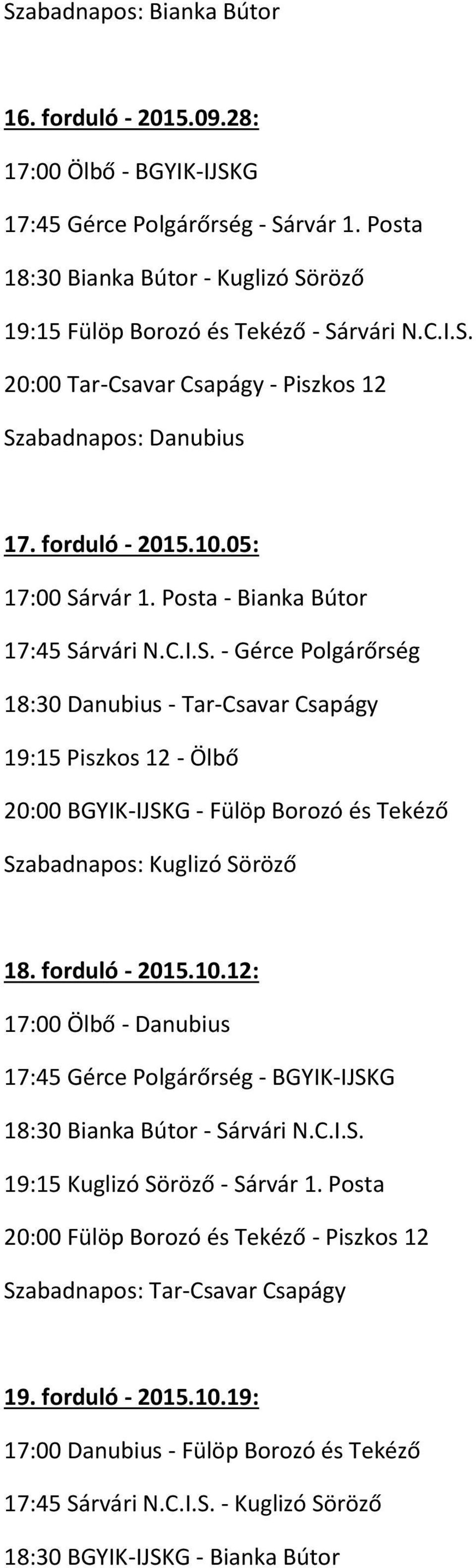 forduló - 2015.10.12: 17:00 Ölbő - Danubius 17:45 Gérce Polgárőrség - BGYIK-IJSKG 18:30 Bianka Bútor - Sárvári N.C.I.S. 19:15 Kuglizó Söröző - Sárvár 1.