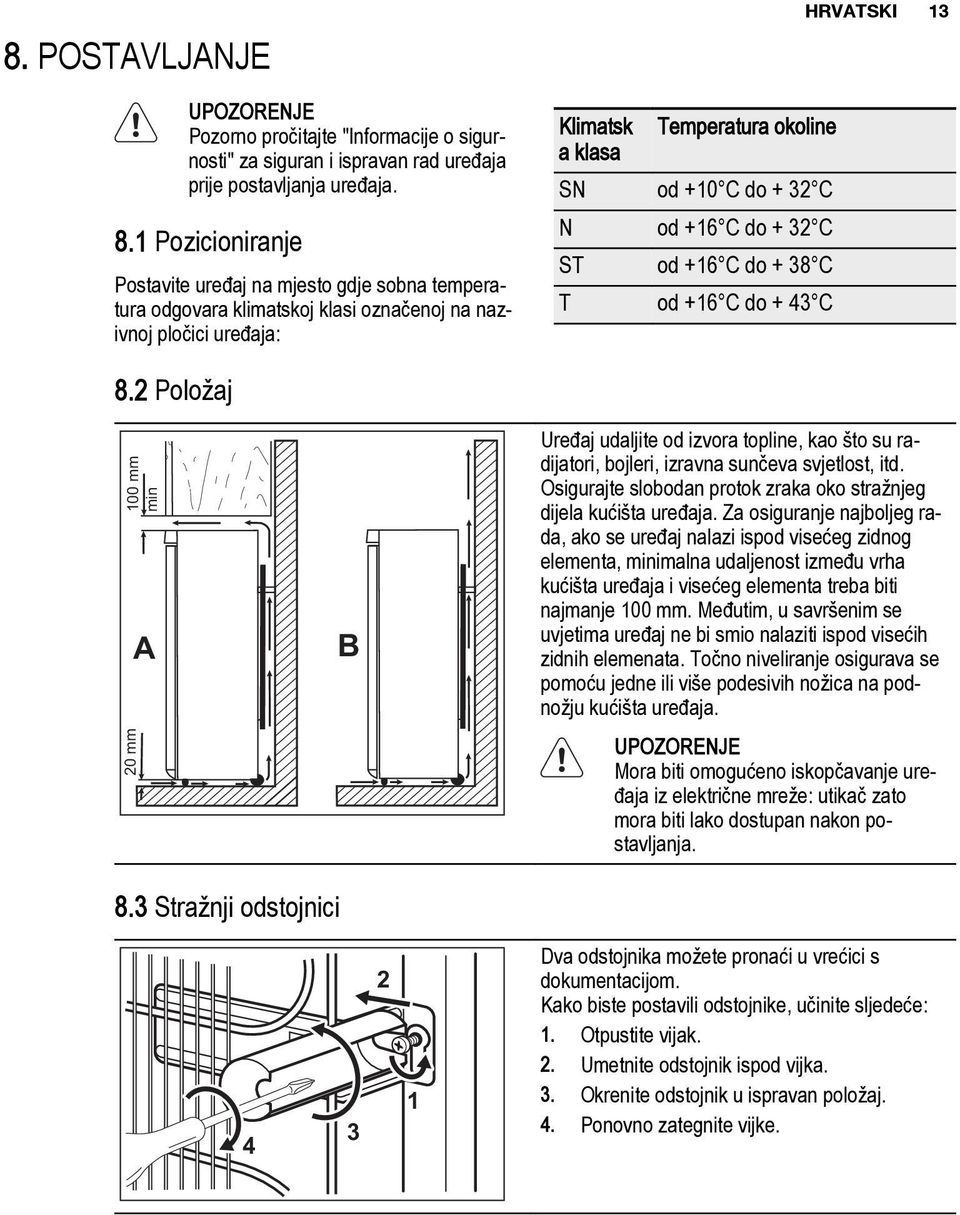 C do + 32 C ST od +16 C do + 38 C T od +16 C do + 43 C HRVATSKI 13 8.2 Položaj 100 mm min 20 mm A B Uređaj udaljite od izvora topline, kao što su radijatori, bojleri, izravna sunčeva svjetlost, itd.
