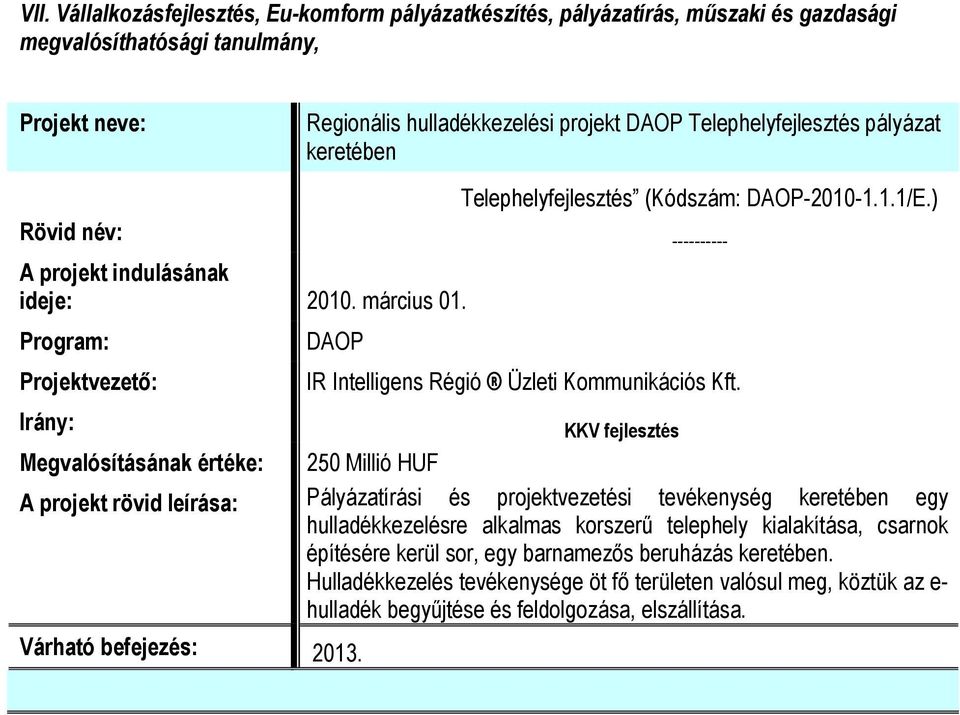 Program: Projektvezető: Irány: Megvalósításának értéke: DAOP IR Intelligens Régió Üzleti Kommunikációs Kft.