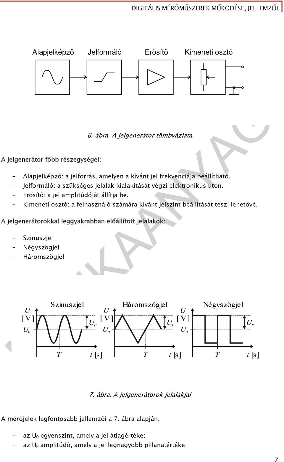 A jelgenerátorokkal leggyakrabban előállított jelalakok: - Szinuszjel - Négyszögjel - Háromszögjel U [ V ] U 0 Szinuszjel T U P t [s] U [ V ] Háromszögjel U P U [ V ] U 0 U 0 Négyszögjel U P T t [s]