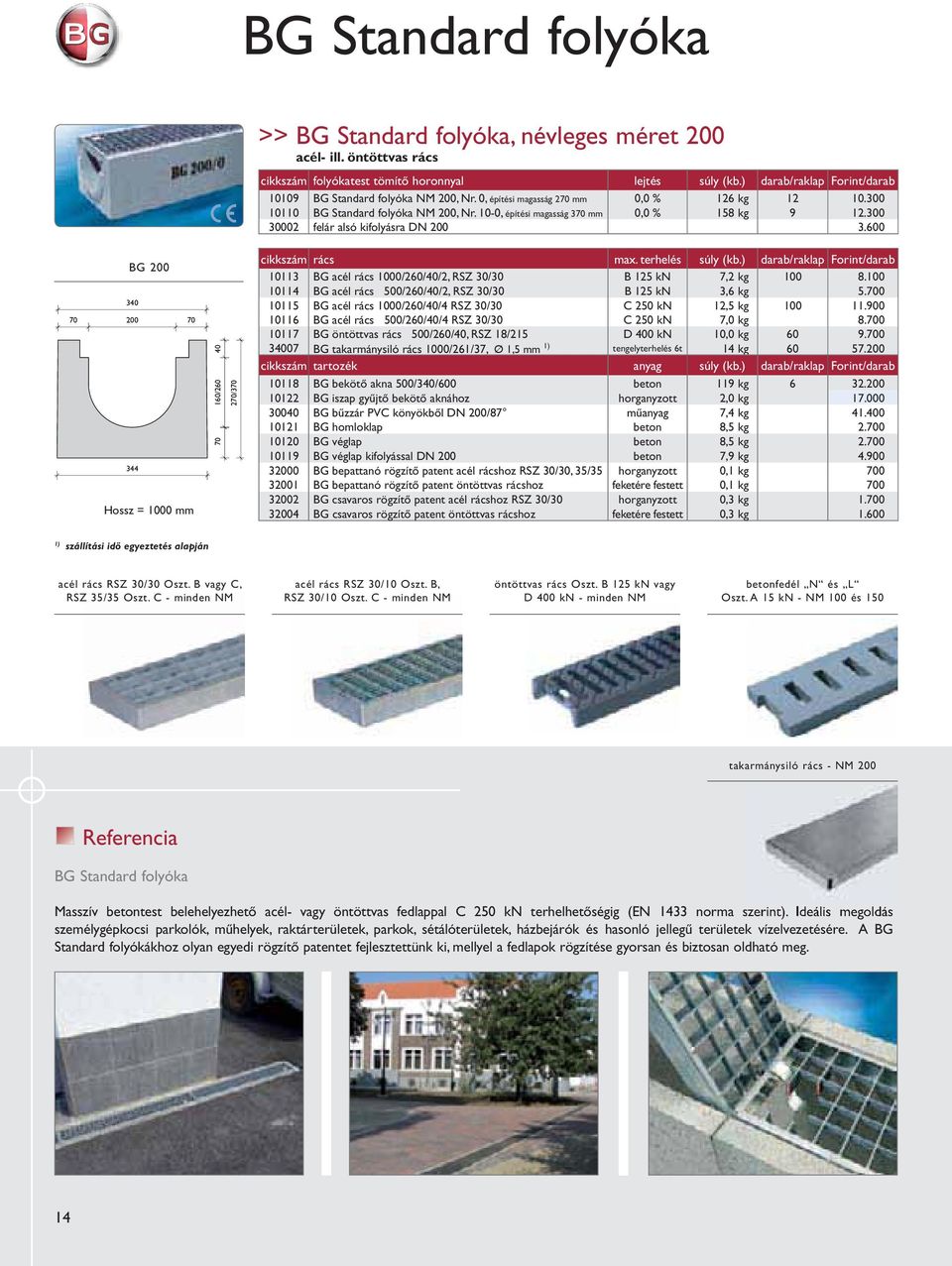 terhelés súly (kb.) darab/raklap Forint/darab 10113 BG acél rács 1000/260/40/2, RSZ 30/30 B 125 kn 7,2 kg 100 8.100 10114 BG acél rács 500/260/40/2, RSZ 30/30 B 125 kn 3,6 kg 5.