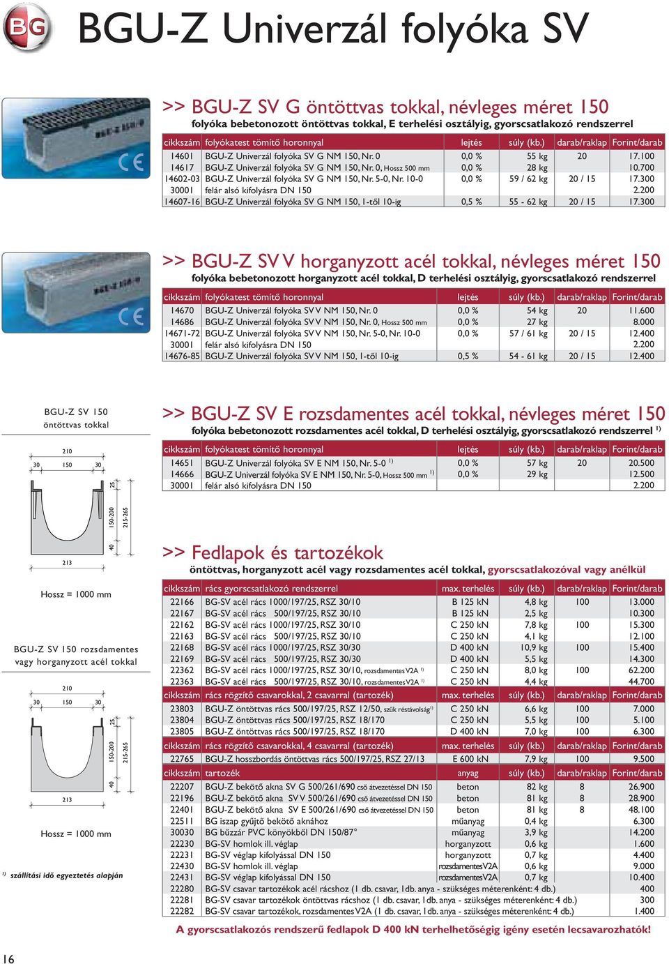 10-0 0,0 % 59 / 62 kg 20 / 15 17.300 30001 felár alsó kifolyásra DN 150 2.200 14607-16 BGU-Z Univerzál folyóka SV G NM 150, 1-től 10-ig 0,5 % 55-62 kg 20 / 15 17.