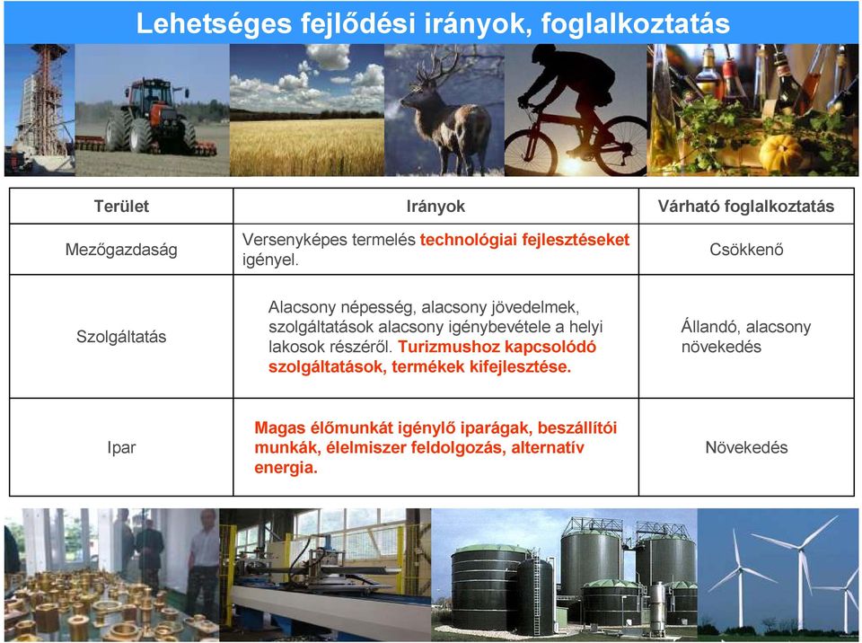 Várható foglalkoztatás Csökkenı Szolgáltatás Alacsony népesség, alacsony jövedelmek, szolgáltatások alacsony