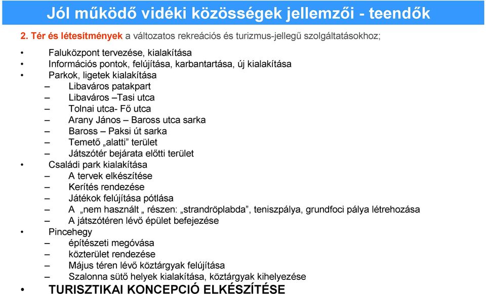 kialakítása Libaváros patakpart Libaváros Tasi utca Tolnai utca- Fı utca Arany János Baross utca sarka Baross Paksi út sarka Temetı alatti terület Játszótér bejárata elıtti terület Családi park