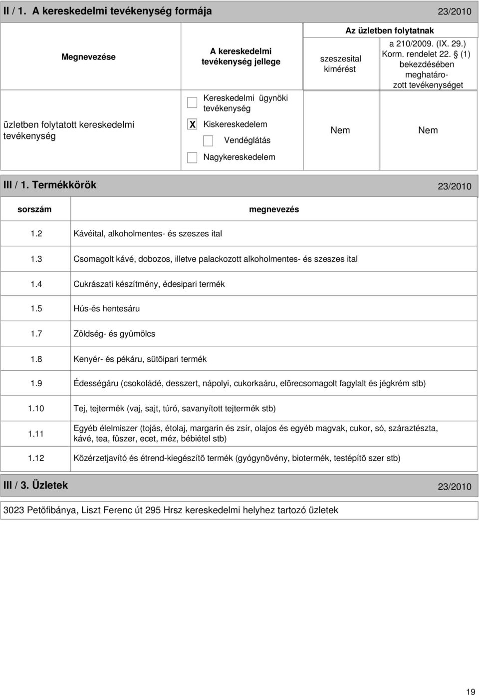 8 Kenyér- és pékáru, sütõipari termék 1.9 Édességáru (csokoládé, desszert, nápolyi, cukorkaáru, elõrecsomagolt fagylalt és jégkrém stb) 1.