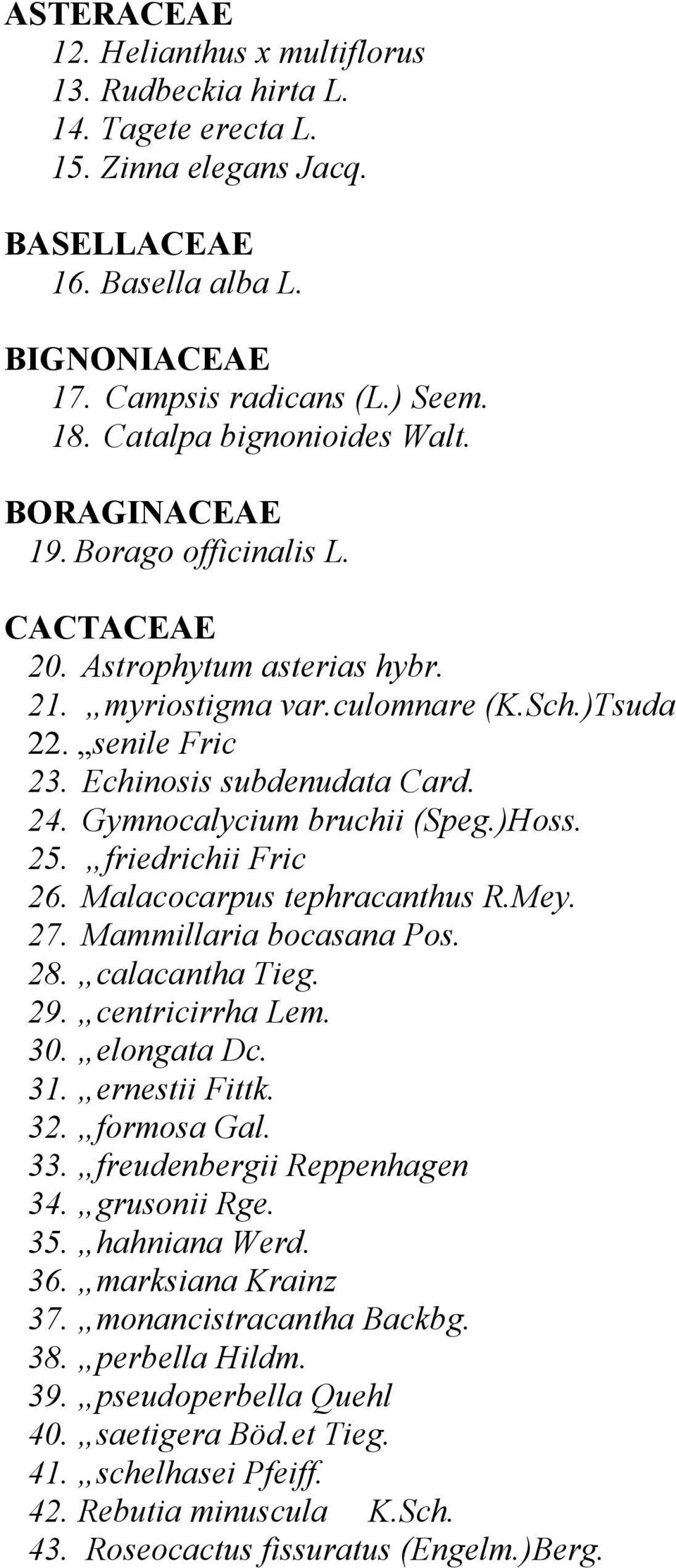 24. Gymnocalycium bruchii (Speg.)Hoss. 25. friedrichii Fric 26. Malacocarpus tephracanthus R.Mey. 27. Mammillaria bocasana Pos. 28. calacantha Tieg. 29. centricirrha Lem. 30. elongata Dc. 31.