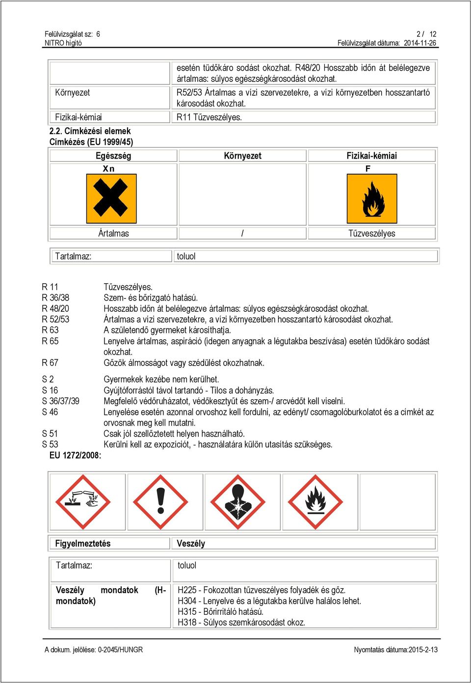 Egészség Környezet Fizikai-kémiai Xn F Ártalmas / Tűzveszélyes Tartalmaz: toluol R 11 Tűzveszélyes. R 36/38 Szem- és bőrizgató hatású.