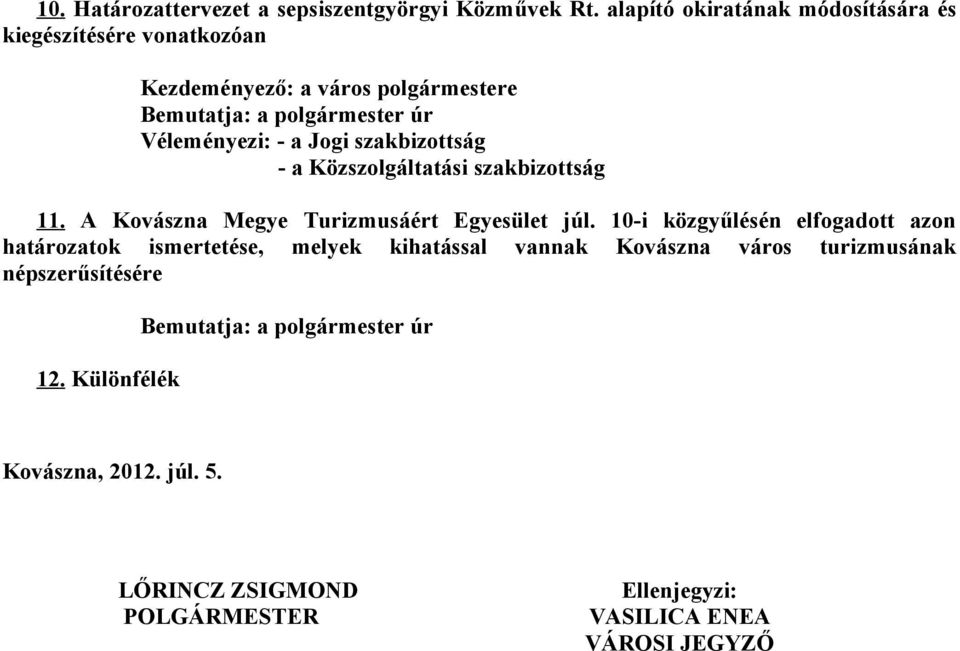 10-i közgyűlésén elfogadott azon határozatok ismertetése, melyek kihatással vannak Kovászna város