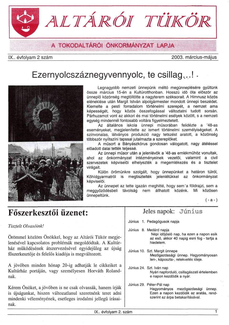 A Kultúrház működésének átszervezésével egyidejűleg az újság főszerkesztője és felelős kiadója is megváltozott.