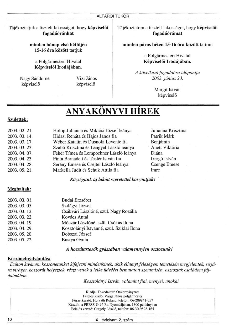 Irodájában. A következő fogadóóra időpontja 2003. június 23. Margit István képviselő Születtek: ANYAKÖNYVI HÍREK 2003. 02. 21. 2003. 03. 14. 2003. 03. 17. 2003. 03. 23. 2003. 04. 07. 2003. 04. 23. 2003. 04. 28.