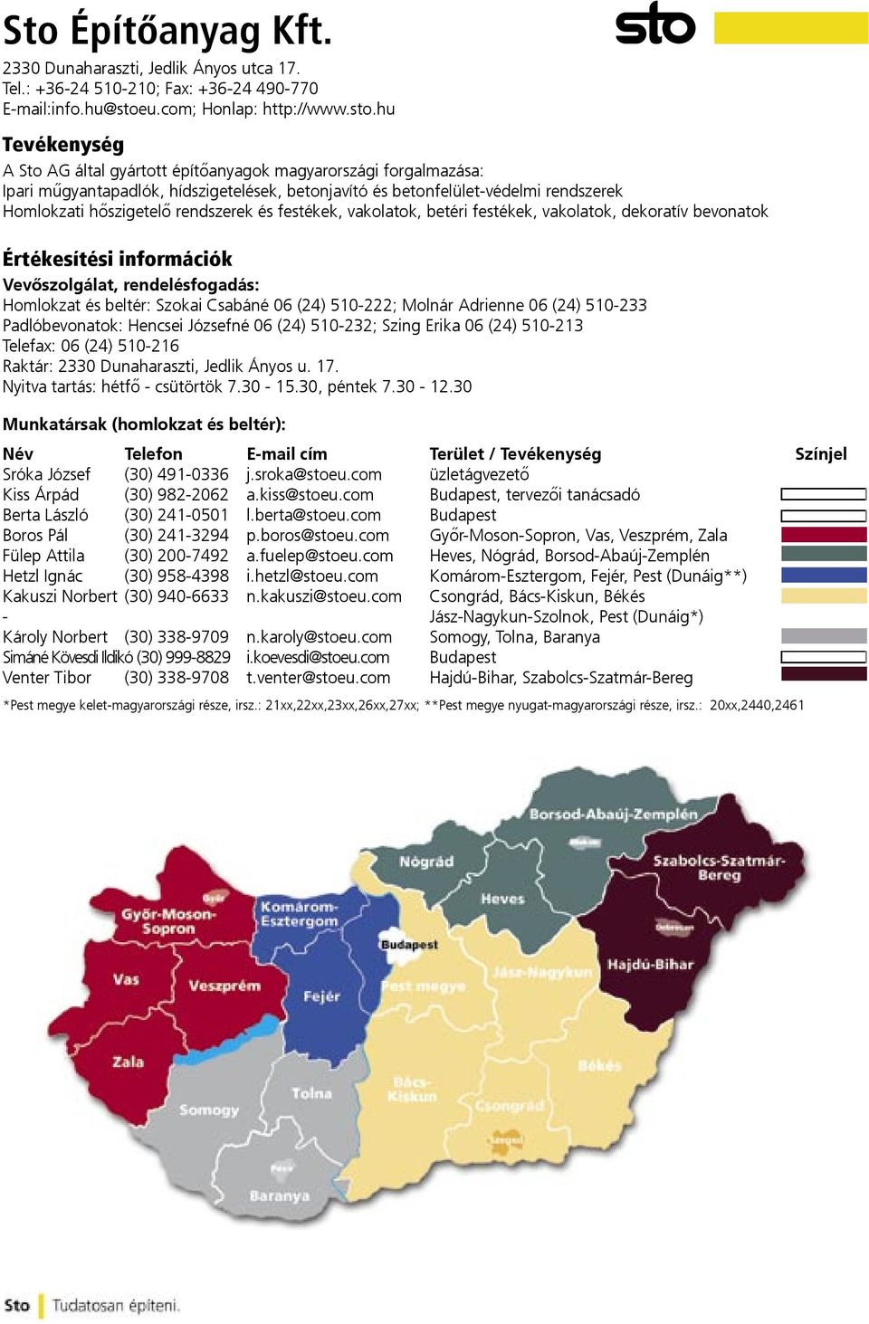 hu Tevékenység A Sto AG által gyártott építőanyagok magyarországi forgalmazása: Ipari műgyantapadlók, hídszigetelések, betonjavító és betonfelület-védelmi rendszerek Homlokzati hőszigetelő rendszerek