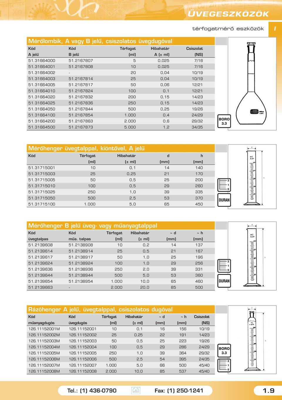 , 34/35 BORO 3.3 Mérôhenger üvegtalppal, kiöntôvel, A jelû Kód Térfogat Hibahatár d h (ml) (± ml) (mm) (mm) 5.375,
