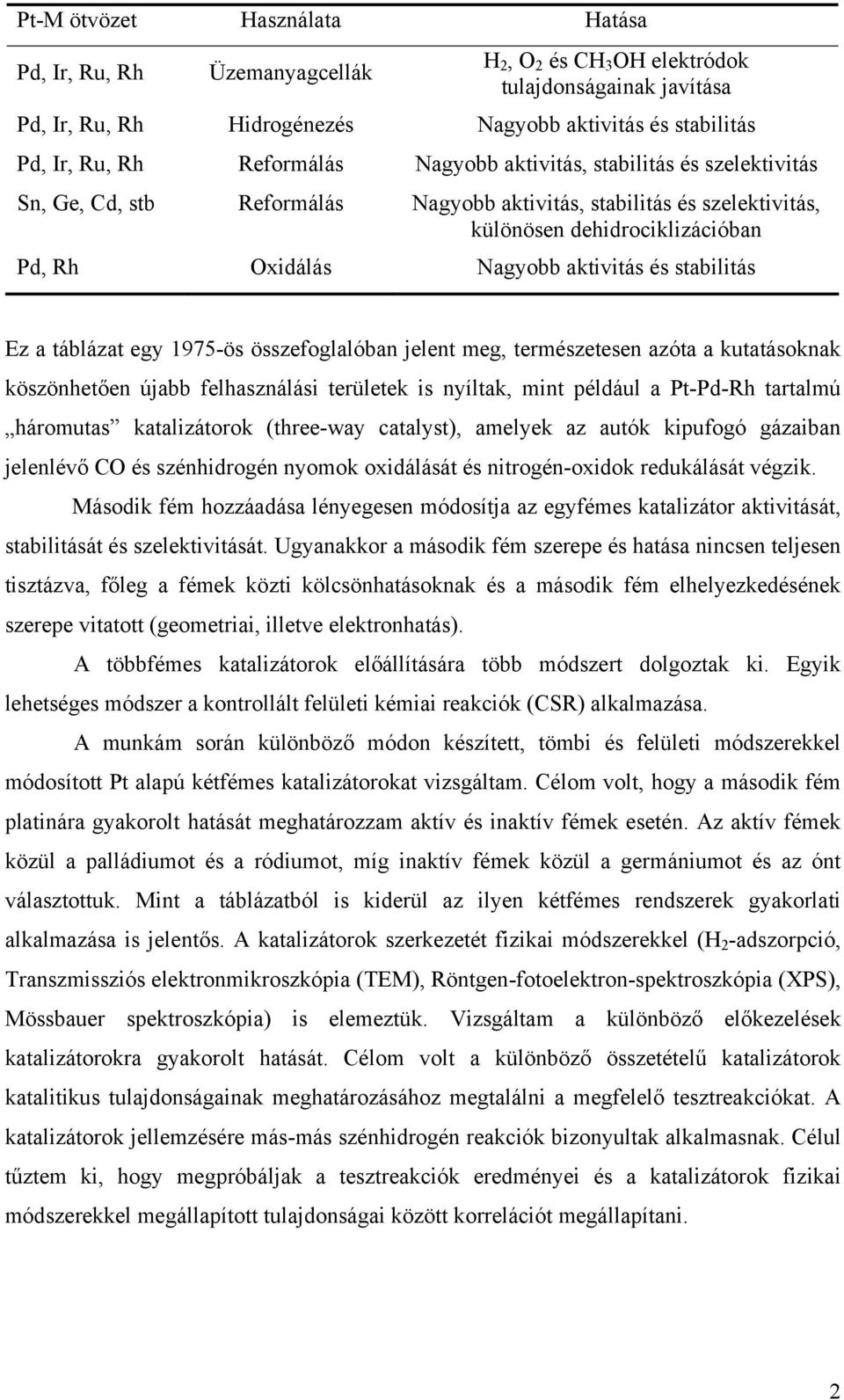 és stabilitás Ez a táblázat egy 1975-ös összefoglalóban jelent meg, természetesen azóta a kutatásoknak köszönhetően újabb felhasználási területek is nyíltak, mint például a Pt-Pd-Rh tartalmú