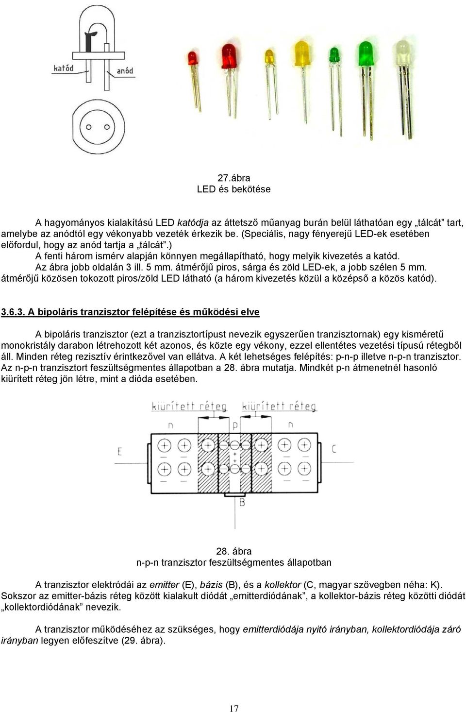 5 mm. átmérőjű piros, sárga és zöld LED-ek, a jobb szélen 5 mm. átmérőjű közösen tokozott piros/zöld LED látható (a három kivezetés közül a középső a közös katód). 3.