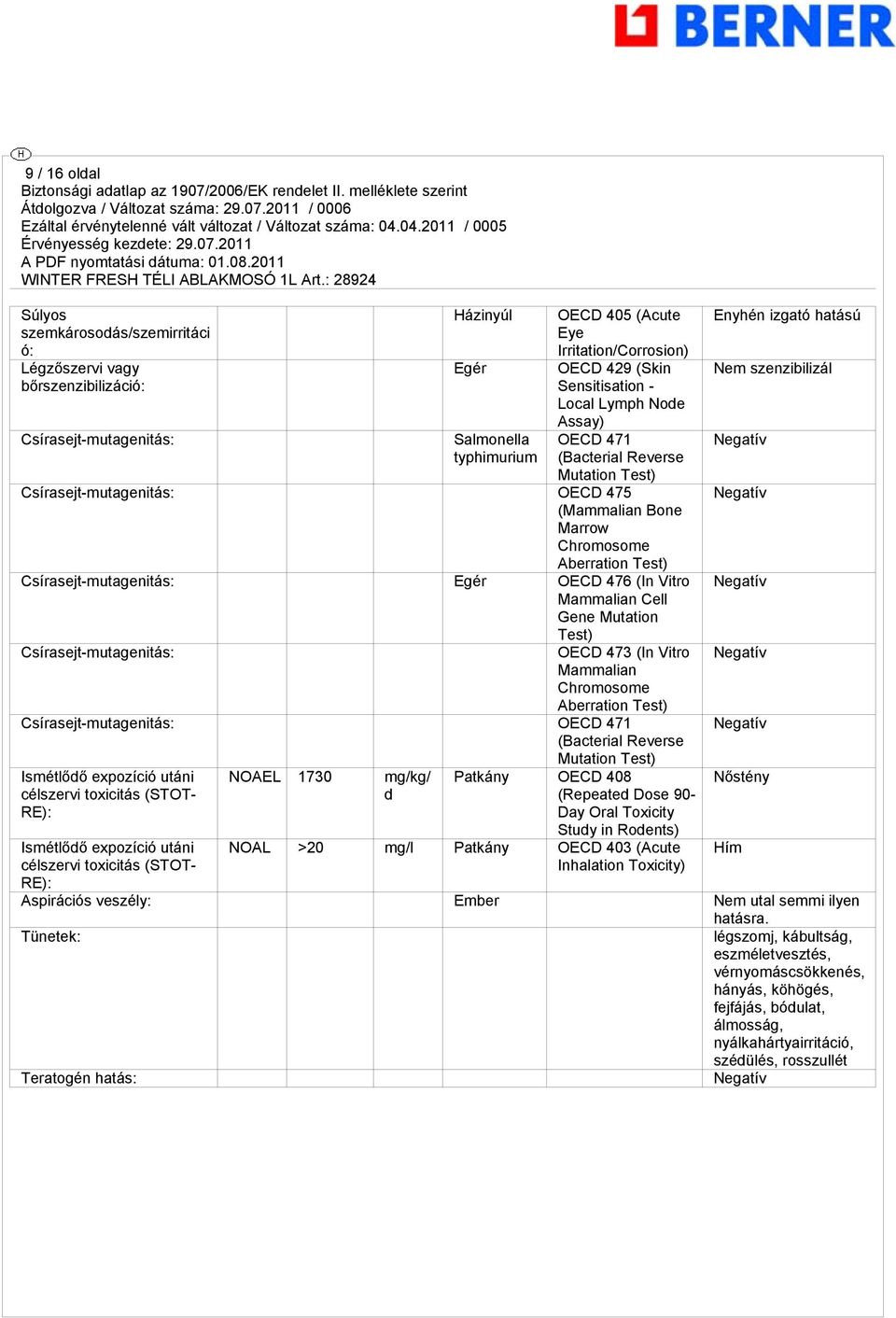 OECD 476 (In Vitro Mammalian Cell Gene Mutation Test) Csírasejt-mutagenitás: OECD 473 (In Vitro Mammalian Chromosome Aberration Test) Csírasejt-mutagenitás: OECD 471 (Bacterial Reverse Mutation Test)