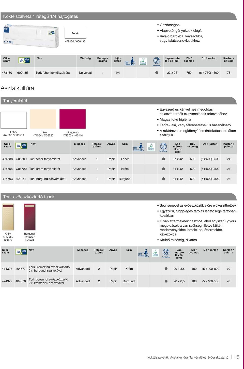 is használható 474538 / C05509 Krém 474554 / C067 Burgundi 474503 / 400144 A raktározás megkönnyítése érdekében tálcákon szállítjuk Anyag Lap mérete karton Karton / 474538 C05509 Tork fehér