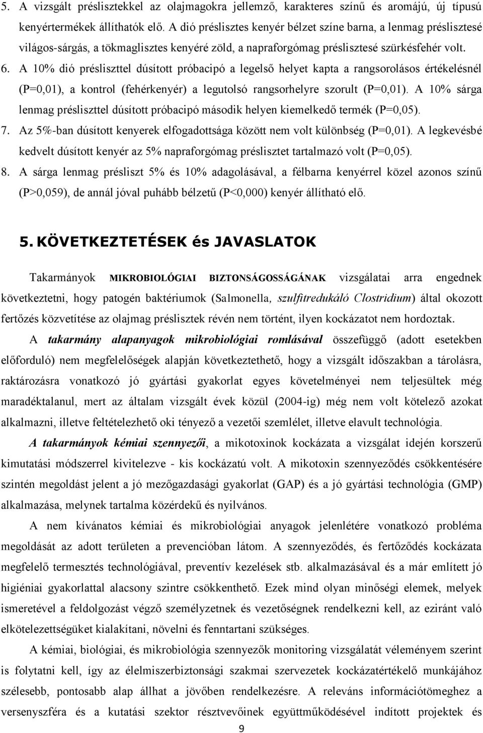 A 10% dió présliszttel dúsított próbacipó a legelső helyet kapta a rangsorolásos értékelésnél (P=0,01), a kontrol (fehérkenyér) a legutolsó rangsorhelyre szorult (P=0,01).