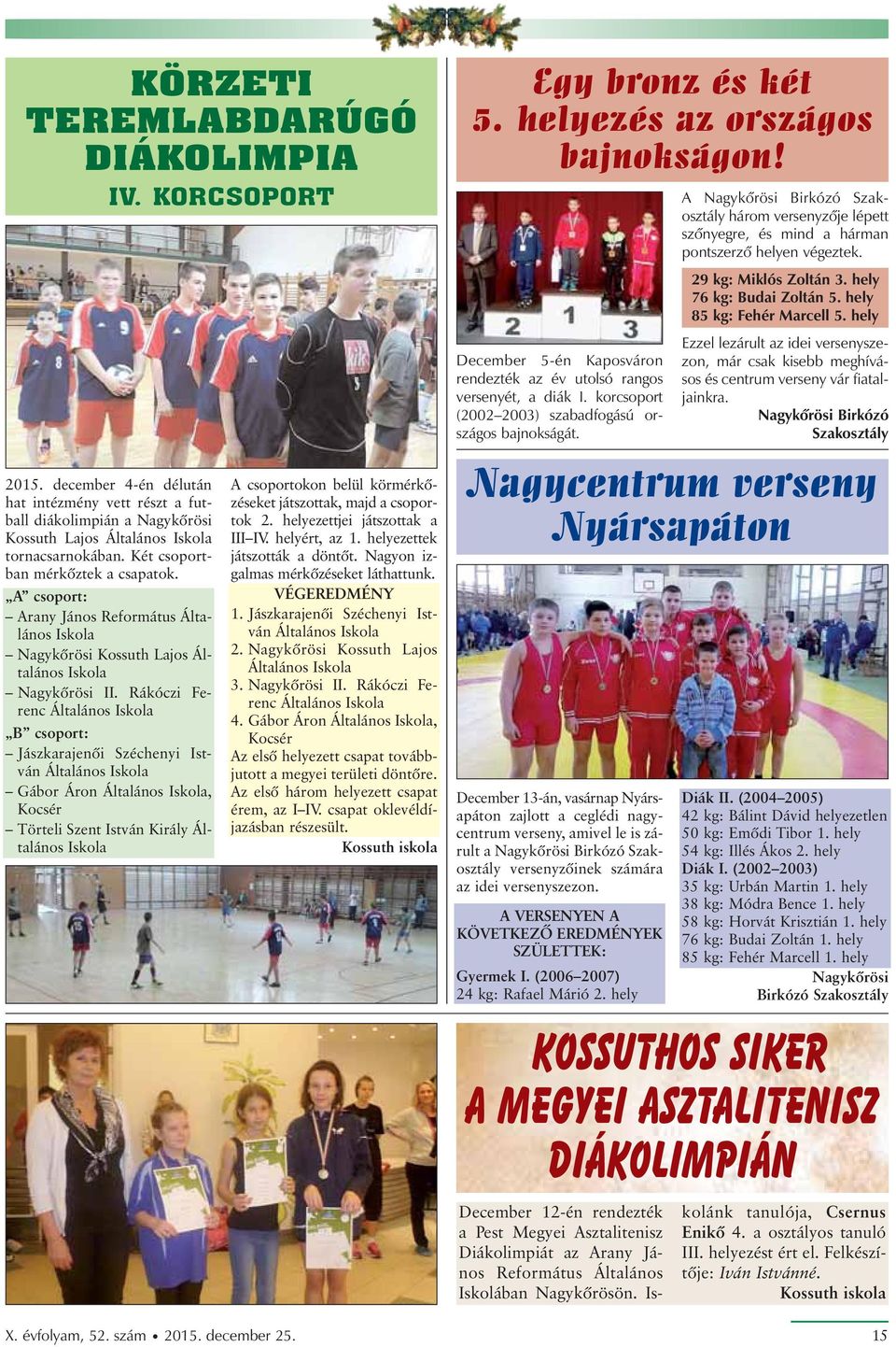 hely December 5-én Kaposváron rendezték az év utolsó rangos versenyét, a diák I. korcsoport (2002 2003) szabadfogású országos bajnokságát.