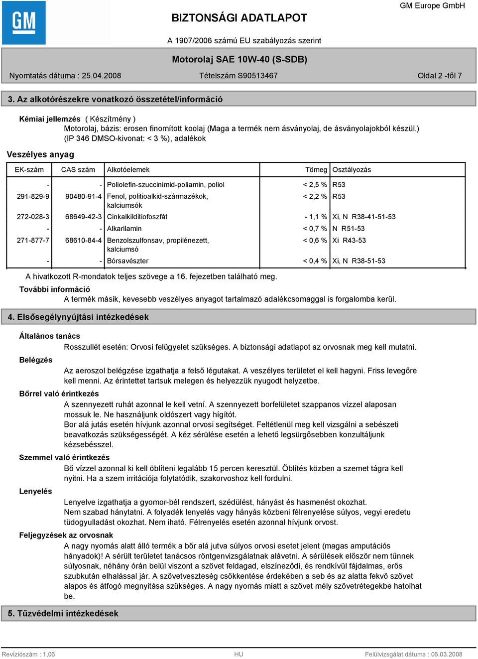 politioalkid-származékok, < 2,2 % R53 kalciumsók 272-028-3 68649-42-3 Cinkalkilditiofoszfát - 1,1 % Xi, N R38-41-51-53 - - Alkarilamin < 0,7 % N R51-53 271-877-7 68610-84-4 Benzolszulfonsav,