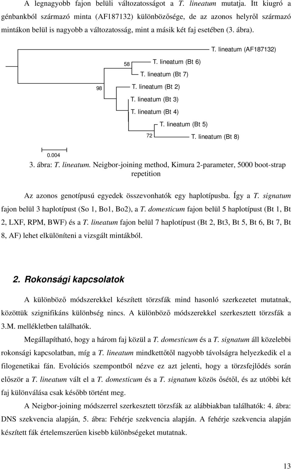 lineatum (Bt 4) 72 0.004 3. ábra: T. lineatum. Neigbor-joining method, Kimura 2-parameter, 5000 boot-strap repetition Az azonos genotípusú egyedek összevonhatók egy haplotípusba. Így a T.