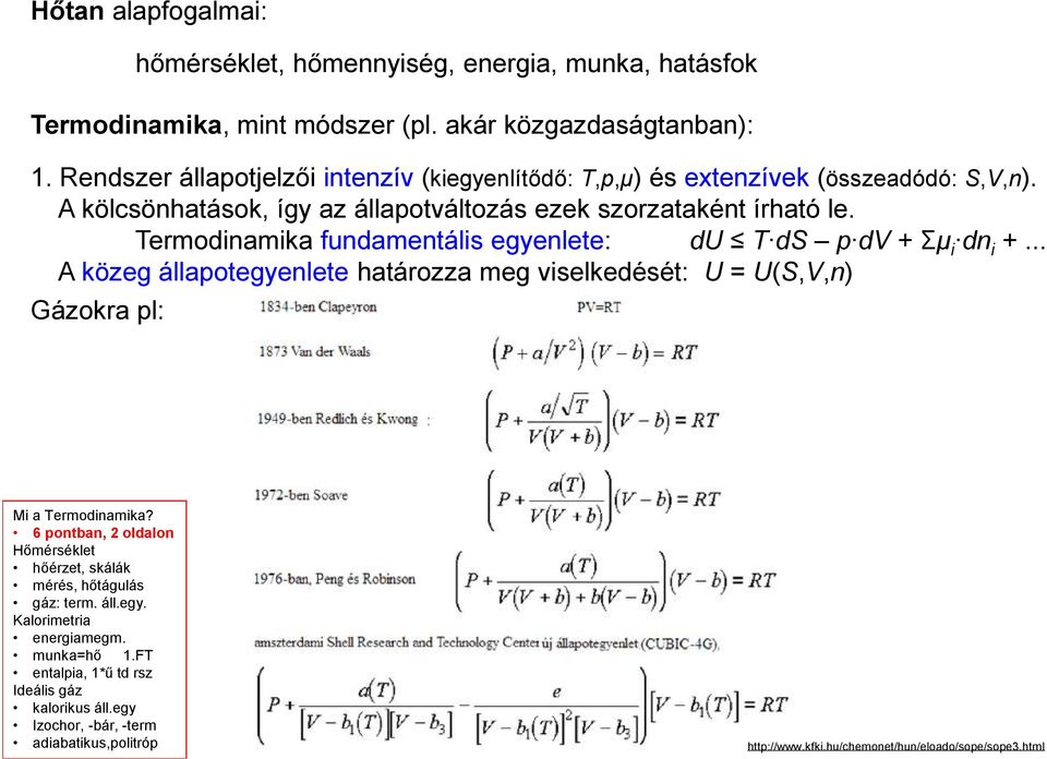 Termodinamika fundamentális egyenlete: du T ds p d + Σμ i dn i +... A közeg állapotegyenlete határozza meg viselkedését: U U(S,,n) Gázokra pl: Mi a Termodinamika?