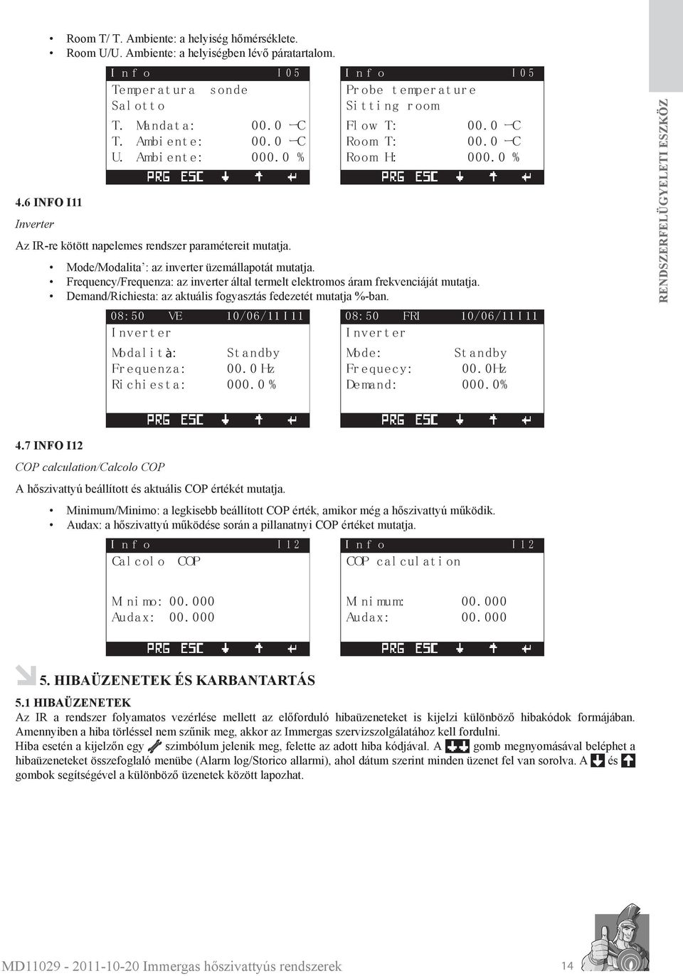 I n f o I 0 5 Pr obe t emper at ur e Si t t i ng r oom Fl ow ーC Room ーC Room H: 0 Mode/Modalita : az inverter üzemállapotát mutatja.