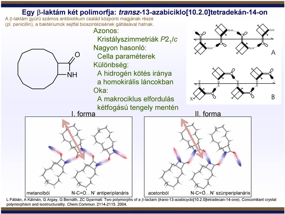 Azonos: Kristályszimmetriák P2 1 /c Nagyon hasonló: O Cella paraméterek Különbség: A hidrogén kötés iránya a homokirális láncokban Oka: A makrociklus elfordulás kétfogású