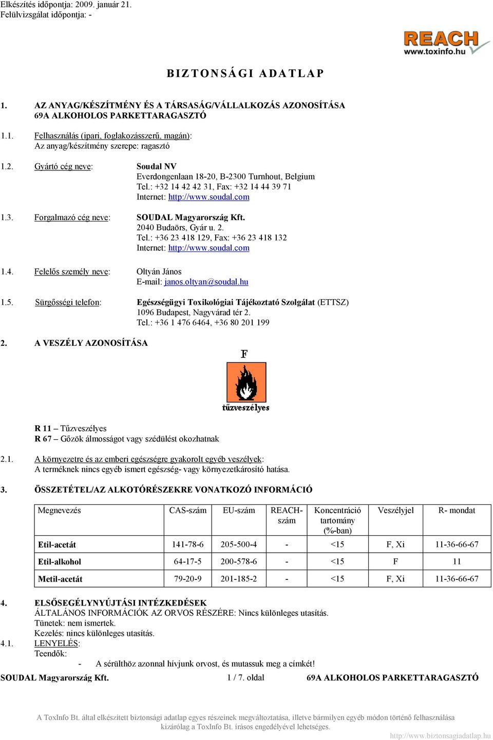 soudal.com 1.4. Felelős személy neve: Oltyán János E-mail: janos.oltyan@soudal.hu 1.5. Sürgősségi telefon: Egészségügyi Toxikológiai Tájékoztató Szolgálat (ETTSZ) 1096 Budapest, Nagyvárad tér 2. Tel.