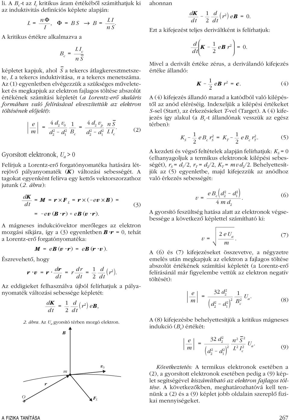 számítási képletét (a Lorentz-erô skaláris formában való felírásával elveszítettük az elektron töltésének elôjelét): e m 4 d v d Gyorsított elektronok, U a > ábra Az U a gyorsító térben mozgó