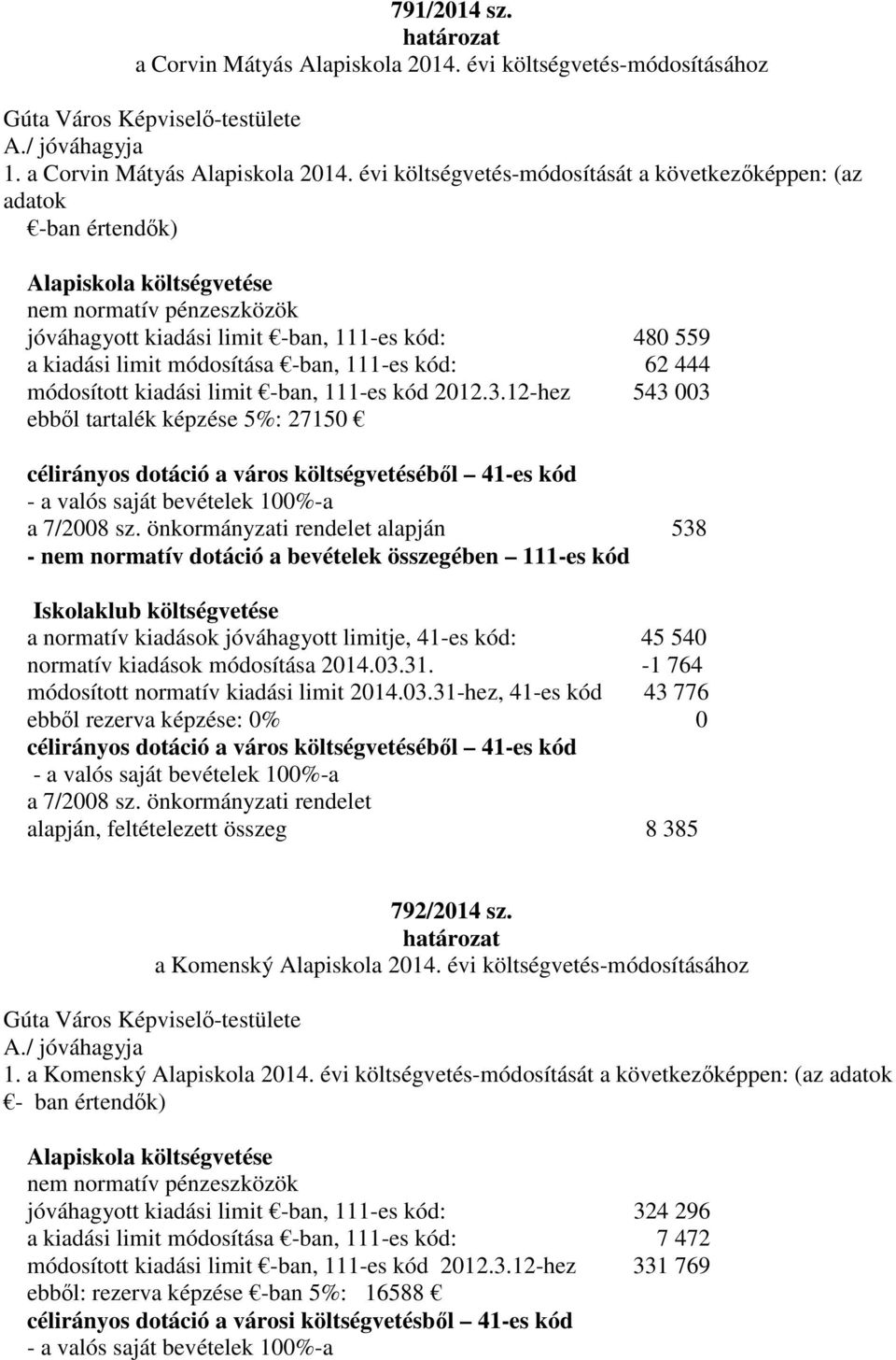 évi költségvetés-módosítását a következőképpen: (az adatok -ban értendők) Alapiskola költségvetése nem normatív pénzeszközök jóváhagyott kiadási limit -ban, 111-es kód: 480 559 a kiadási limit